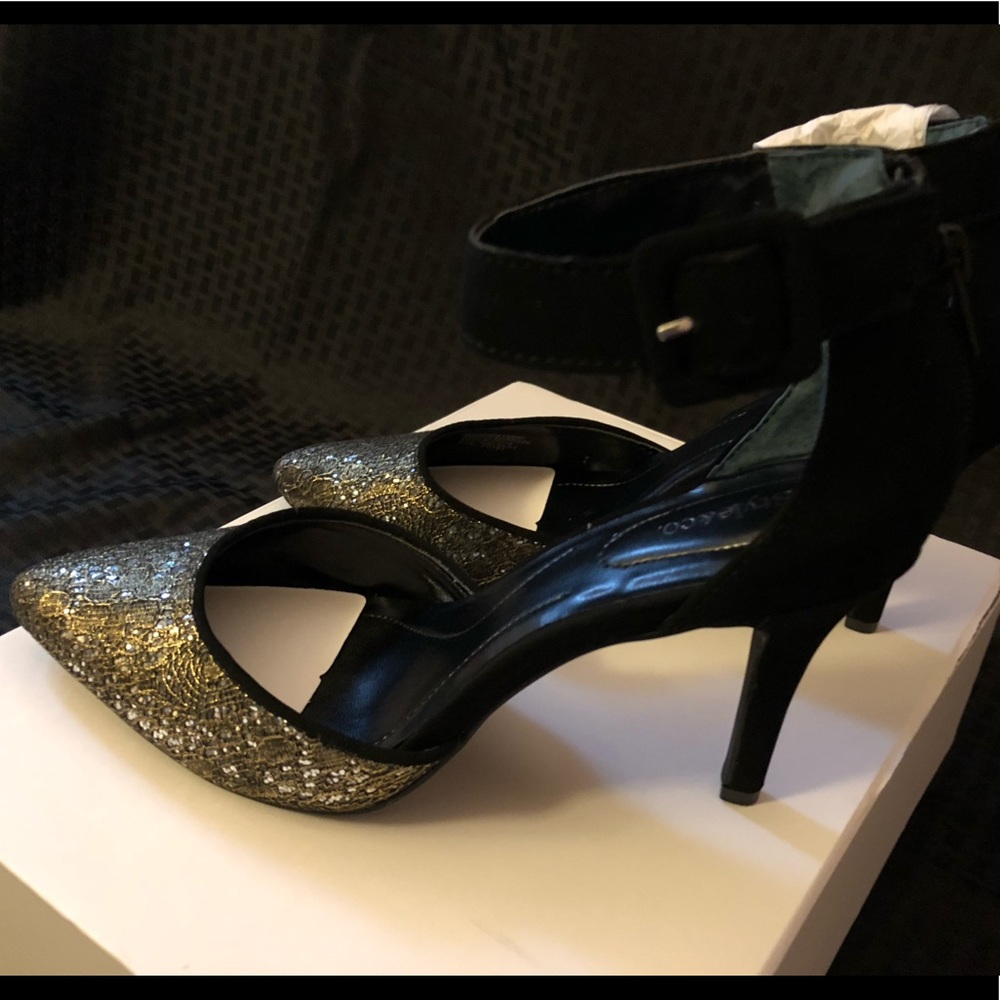 Black, pewter, gold embellished heels.